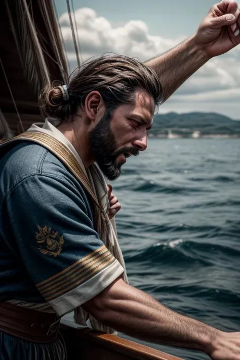 a man in a blue shirt is on a boat with a sail