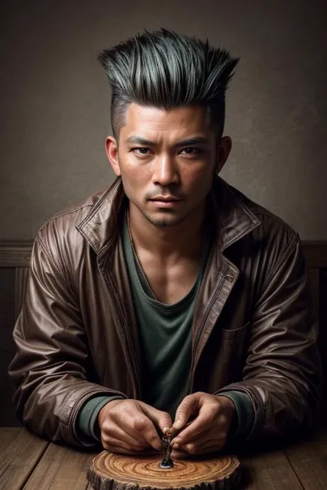 an awarded profesional photography of (1man:1.3) Native Hawaiian with Green eyes with male Faux hawk with shaved sides hairstyle hairstyle and clean shaven in medium brown color, he wear raincoat and pentacle horrified, shooting a laser gun in Artistic Tab...
