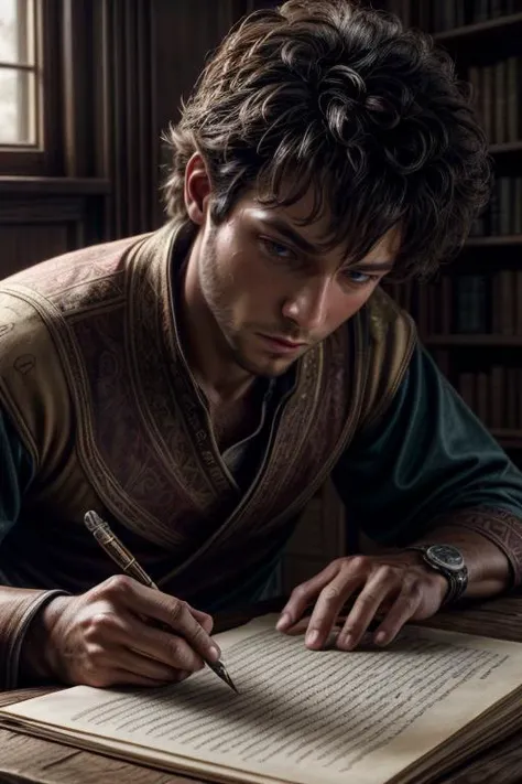 arafed man sitting at a table writing in a library