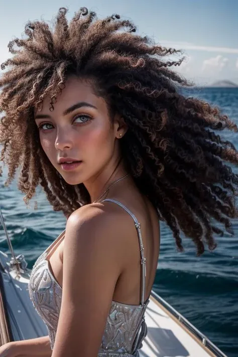 a woman with long curly hair on a boat in the ocean