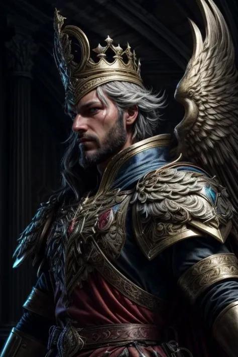 a man in a crown and armor with wings