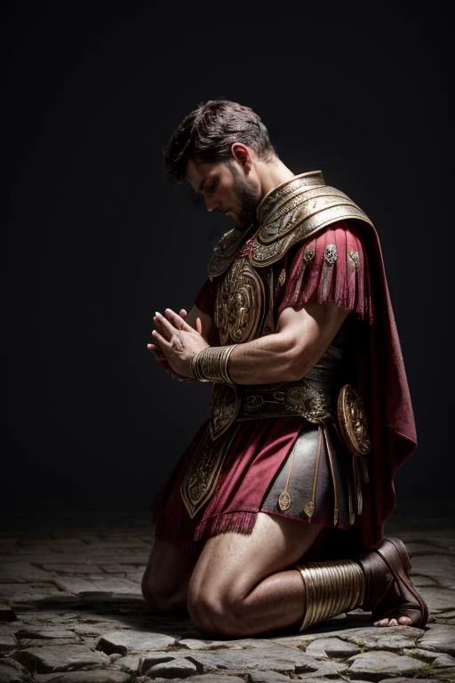 a man in a roman costume kneeling down with his hands clasped