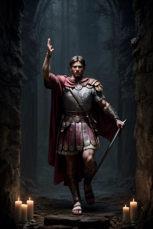 a man in armor holding a sword and standing in a dark cave