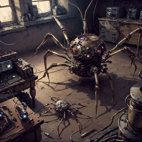 <lora:Clockworkspider:.5> Clockworkspider laboratory full of metal spiders, wires