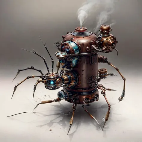 concept art, <lora:Clockworkspider:.75> Clockworkspider coffee machine, metal , glass , wire , valve