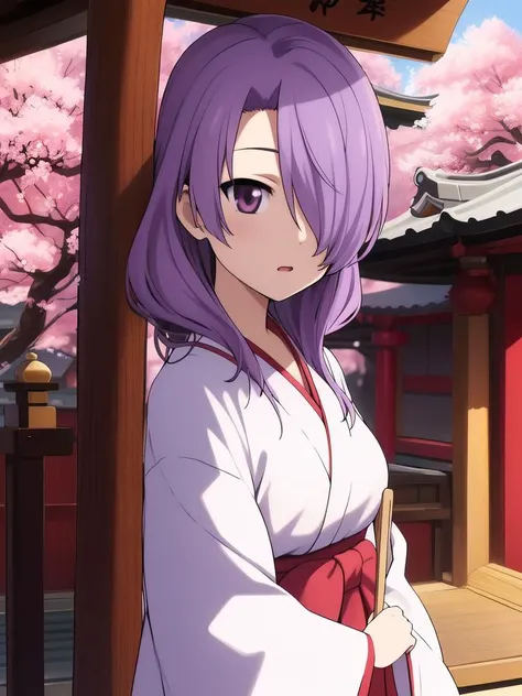 <lora:Nanako_Pleiades:0.8>Nanako, purple_hair,   hair_over_one_eye,  purple_eyes, medium_hair, long_hair,
japanese white clothes, miko, red hakama, shrine, cherry blossom,
masterpiece, high quality, very_high_resolution, large_filesize, full color,