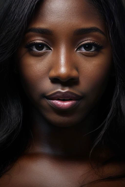 a close up of a woman with long black hair and a black background