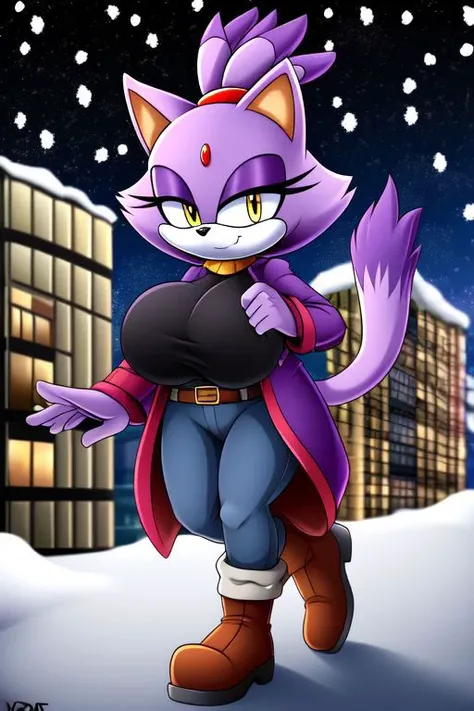 ASCII ((Masterpiece)), high quality, studio quality, vibrant colors, vibrant lighting, 4k, 1girl, Blaze the cat, yellow eyes, black jeans, boots, looking at viewer, hands in pockets, belt, :3, blush, fur-trimmed coat, city, snowing, snowflakes, walking, hy...