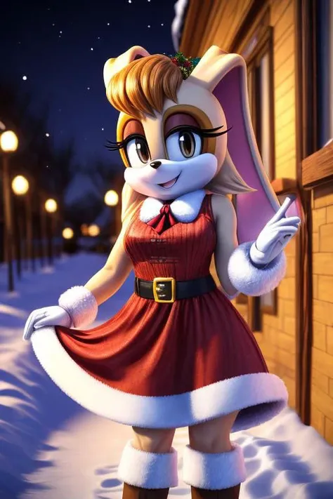 ((smooth textures)), ((clear textures)), ((soft and pastel colors)), ((Highly detailed)),((Perfect quality)), ((studio quality)), ((masterpiece)), ((4k)), ((8k uhd)), Vanilla the rabbit, wearing a santa dress, outside in the snow, christmas lights