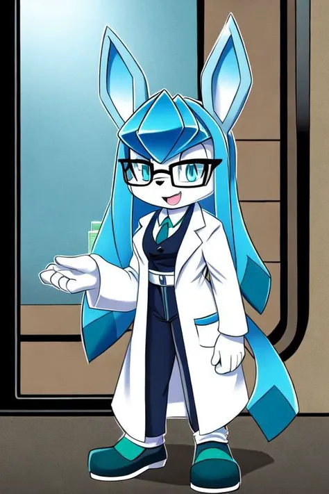 Mobian, glaceon, female, glasses, lab coat, pants, science lab