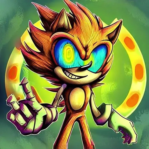 Fleetway super sonic but he green swirls for his Pupils, friendly, and has a cheery smile, also his fur is yellow