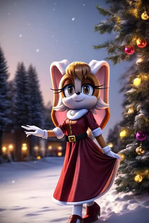 ((smooth textures)), ((clear textures)), ((soft and pastel colors)), ((Highly detailed)),((Perfect quality)), ((studio quality)), ((masterpiece)), ((4k)), ((8k uhd)), Vanilla the rabbit, wearing a santa dress, outside in the snow, christmas lights