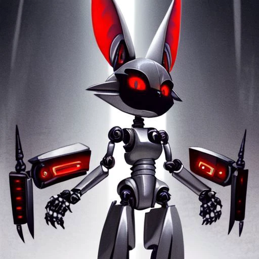 robot, female fennec fox, red accents, glowing red eyes, tall ears, evil, tall, no mouth, white metal skin, black sclera, robot joints, mechanical parts