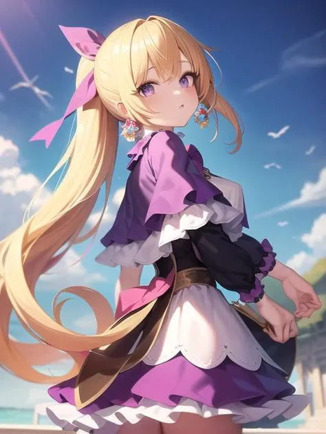 masterpiece, best quality, 1girl, colorful dress, scenery, long hair, blonde hair, ponytail, purple eyes, fantasy