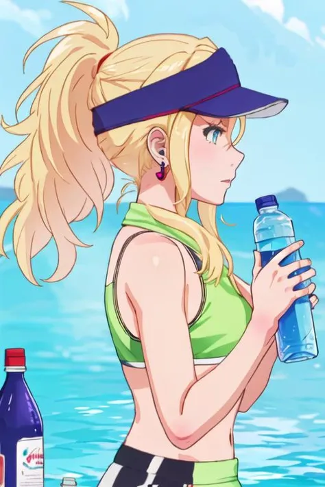 best quality, masterpiece, highres, solo, {evangeline_burton_birdiewinggolfgirlsstory:1.15}, blonde_hair, long_hair, blue_eyes, 1girl, bottle, earrings, jewelry, ponytail, water_bottle, profile, from_side, sports_bra, towel, towel_around_neck