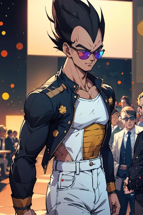 (best quality:1.1),original,1boy,<lora:dbz_vegeta:1>,vegeta,sunglasses,catwalk,model,fashion show,(bokeh:1.2),(particle effects:1.2),(tattered:1.3)