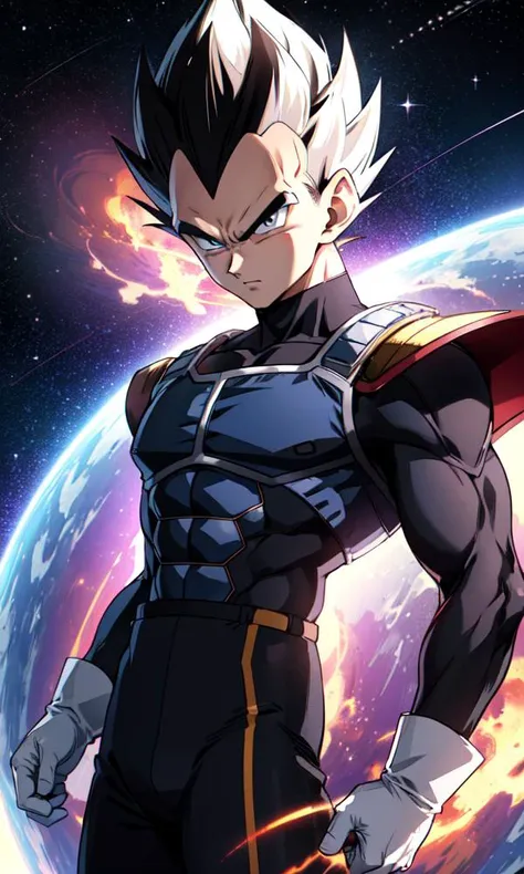 vegeta flying through space, cosmic background, surrounded by powerful aura and energy, (masterpiece, best quality:1.2) perfecteyes eyes, black iris, solo, male focus, 1boy, serious, looking at viewer, black spiked hair, (armor, white gloves,  <lora:dbz_ve...