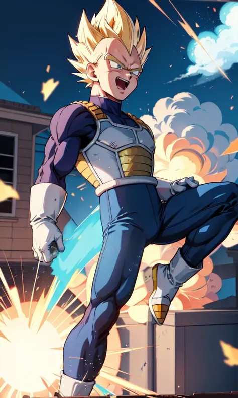 vegeta shooting an enery blast at a daycare center, child day care center building exploding background, (masterpiece, best quality:1.2) perfecteyes eyes, green eyes, solo, male focus, 1boy, laughing, blonde spiked hair, armor, white gloves, blue pants, <l...