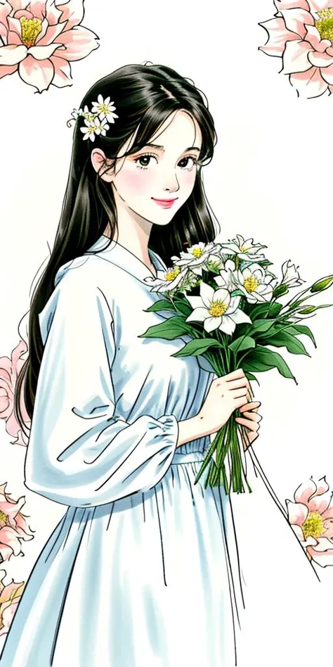 masterpiece, 4k,8k, highres, high quality, ultra-detailed, 1girl, black hair, bouquet, brown eyes, camellia, closed mouth, daisy, dress, floral background, flower, hair flower, hair ornament, holding, holding bouquet, holding flower, lily (flower), long sl...