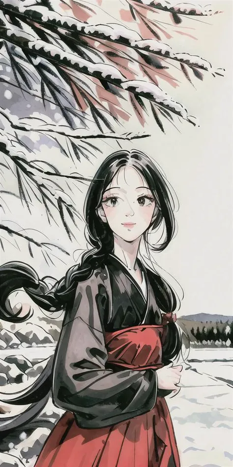 4k,8k,UHD, high quality, ultra-detailed, masterpiece, soft light, highres, 1girl, black_hair, braid, closed_mouth, hakama, long_hair, long_sleeves, looking_at_viewer, outdoors, rock, smile, (snow:1.3), outdoor, tree, solo, standing, red clothes,<lora:gufen...