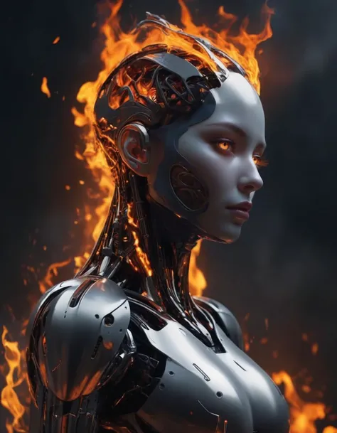 The artwork features a humanoid robot with a natural human head and skin, engulfed in fiery flames that dance across its metallic body. The character has an angry expression on its face, snarling to emphasize its powerful physique and imposing presence. Th...