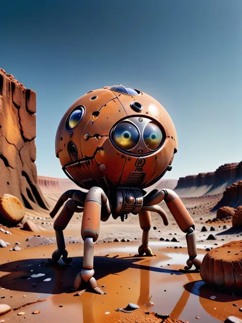 a close up of a robot standing on a desert surface