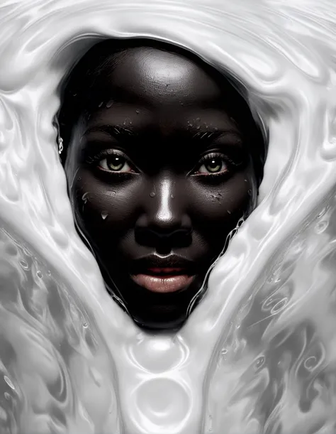 face of a beautiful woman emerging from (white liquid:2), artistic, good composition, abstract, (pitch black skin:2), intense eyes, milk