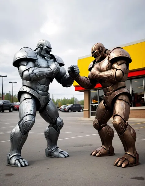 iron golems having a fistfight in a mcdonalds parking lot