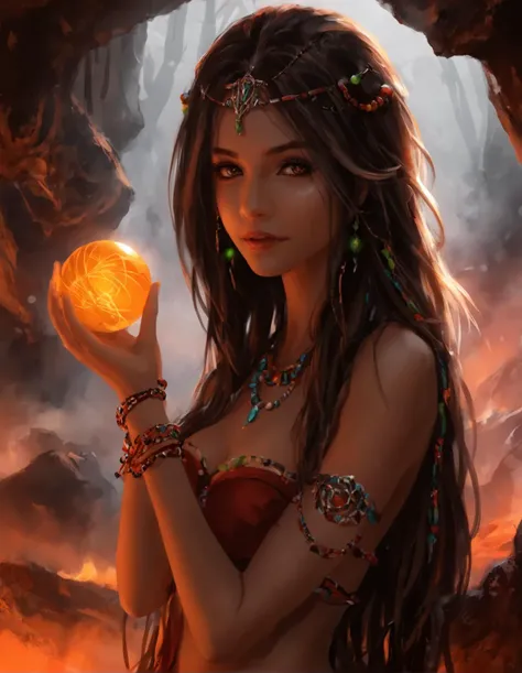 a girl in an alien cave, with a Christmas gift in her hand, a Christmas tree in the background, disheveled long hair, tribal jewelry, soft multicolored cotton, light smile, orange/crimson/amber, play of shadows, light, fog, mysterious, shiny hair, earthy, ...