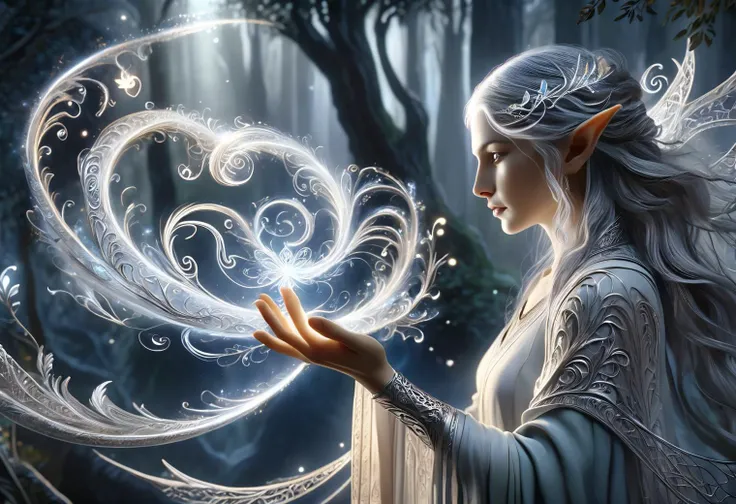 hyper detailed masterpiece, dynamic, awesome quality,female caster casting elven magic ethereal quality, manifesting in shimmering silvery light, weaves intricate patterns in the air, carries the elegance and ancient wisdom, resemble delicate filigree, flo...