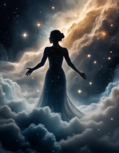 a woman standing in the clouds with her arms outstretched