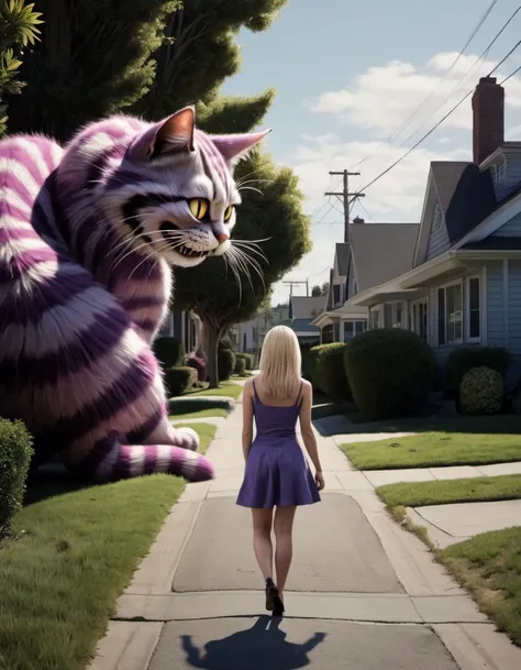 Photorealistic Cheshire Cat stalking a blonde woman on a suburban street