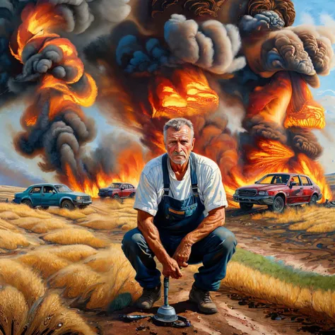 award-winning xlomrblng painting of a mature Ukrainian car mechanic squatting in a prairie landscape, fire tornado, intricate, crisp lines <lora:xlomrblng:1>