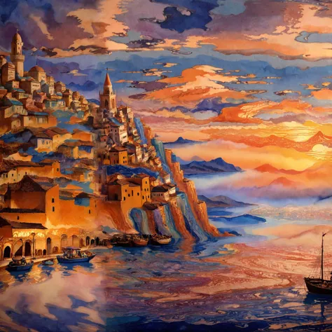 xlomrblng Socialist Realism, magnificent xlmrblng15-1300 king sitting in a Mediterranean town at night, sunset, very detailed, intricate, (misty:1.21), Mediterranean color palette <lora:xlomrblng:1>