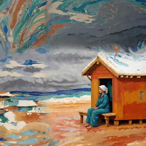 xlomrblng Color Field Painting, xlmrblng15-1300 magnificent female construction worker sitting outside a beach hut on a beach, raining, very detailed, intricate, (snowing:1.21), Moroccan color palette <lora:xlomrblng:1>