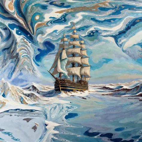 xlomrblng Color Field Painting, magnificent xlmrblng15-1300 medusa walking over a frozen ocean, frozen sailing ship, very detailed, intricate, (snowing:1.21), earthy color palette <lora:xlomrblng:1>