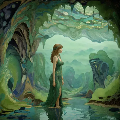 xlomrblng Art Nouveau, xlmrblng15-1300 magnificent female werewolf wading in an underground cavern, calm lake, (Hookers green:0.5) moss, very detailed, intricate, (foggy:1.21), Mediterranean color palette <lora:xlomrblng:1>