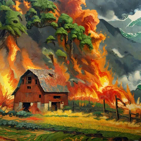 xlomrblng Socialist Realism, magnificent fire elemental working in a spring farming landscape, barn, very detailed, intricate, (raining:1.21), forest color palette <lora:xlomrblng:1>