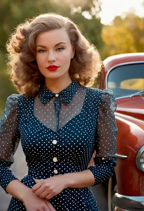 cinematic film still <lora:Susann_SDXL_v1.0-000004:1> 
Nostalgic portrait, ohwx woman, leaning against an old car, warm colors, 1950s, 8k, uhd, dslr, vintage filter, polka-dot dress, red lipstick, windblown hair, in style of renown photographers Steven Mei...