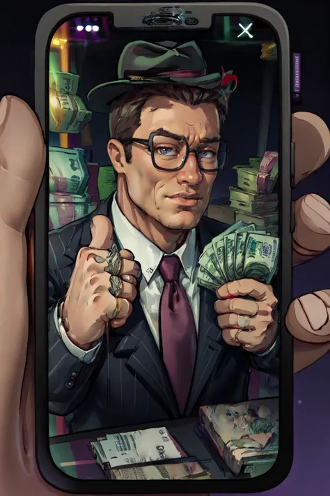 a close up of a person holding a cell phone with a cartoon of a man holding money