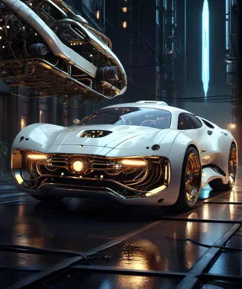 , <lora:DonMM4ch1n3W0rldXL:1> DonMM4ch1n3W0rldXL ,     white and brass science fiction hovering industrial luxury car by a downtown hotel, science fiction, night time, volumetric light, dutch angle, cinematic angle