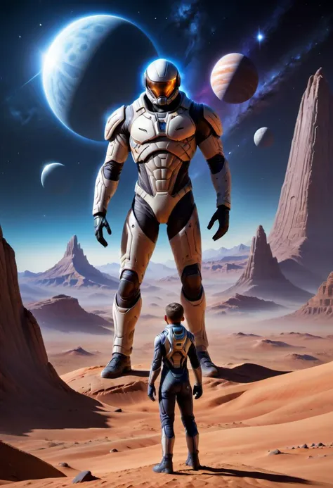 a man standing in the desert next to a giant robot