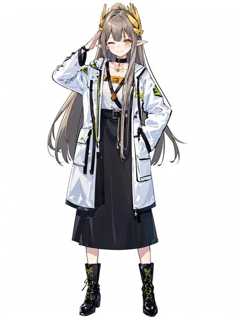 masterpiece, best quality, 
1girl,
1girl, solo, long hair, pointy ears, one eye closed, white background, simple background, full body, coat, skirt, long sleeves, boots, black footwear, open clothes, open coat, very long hair, black skirt, white coat, look...