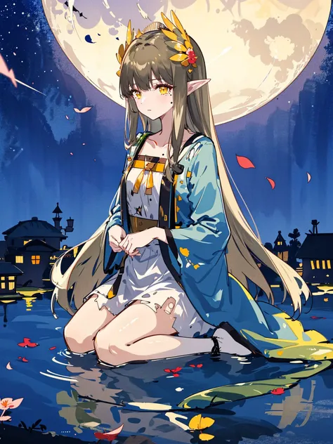 masterpiece, best quality, 
night,starry sky, 
1girl, landscape, panorama, overlook,(high contrast:0.8),(distant view),blurry foreground,wind,
Mumu, long hair, brown hair AND green hair, pointy ears, yellow eyes, hair ornament, mole under eye, small breast...