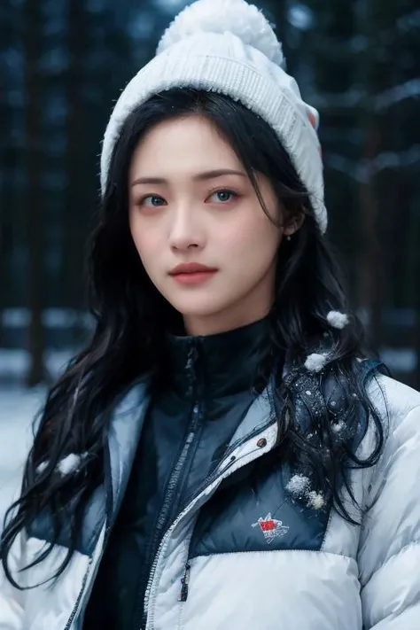 masterpiece, best quality, ultra-detailed, ultra high res, (photorealistic:1.4), raw photo, (realistic:0.2), CG, {4k|8k} HDR, perfect lighting, 1girl, solo, looking at viewer, (winter clothes, padded jacket), outdoor, (snow, snowflakes), night, aurora sky,...