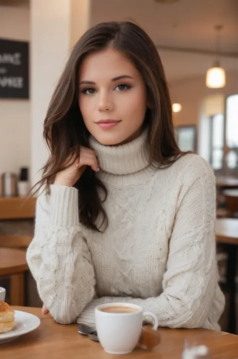 a woman sitting at a table with a cup of coffee and a plate of food