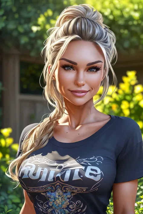 a photo of an attractive S076_AnnaKatharina, in a (garden:1.1), wearing a (t-shirt), smiling, (8k, RAW photo, best quality, DOF, ultra high res:1.2), (absurdres, intricate, photorealistic, masterpiece, ultra-detailed, Unreal Engine:1.3)