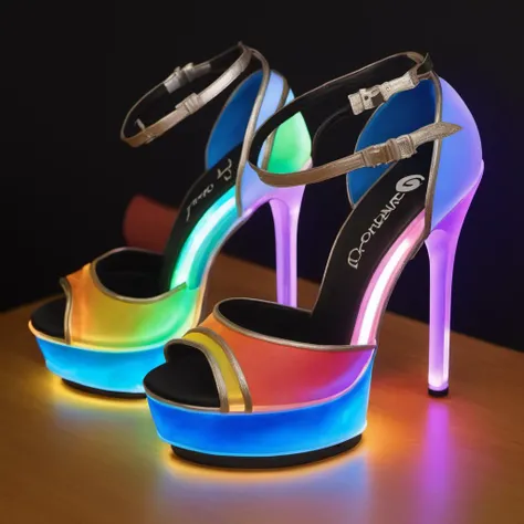 high heels made from pcgaming, watercooled, rainbow leds, logo <lora:PcGamingLyfe:0.75>, high quality