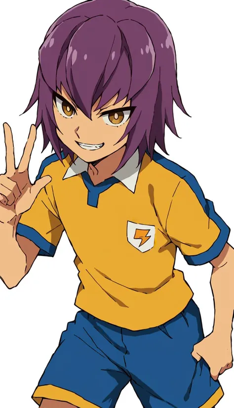 a young girl in a yellow shirt and blue shorts is making a peace sign