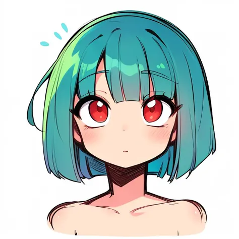 slim, skinny, small breasts, (red eyes:1.2), green hair, multicolored hair, aqua hair, bob cut, , looking at viewer,  <lora:1717486010691643256:0.8> ,solo, sketch, portrait, simple background <lora:KarasuChan:0.4>